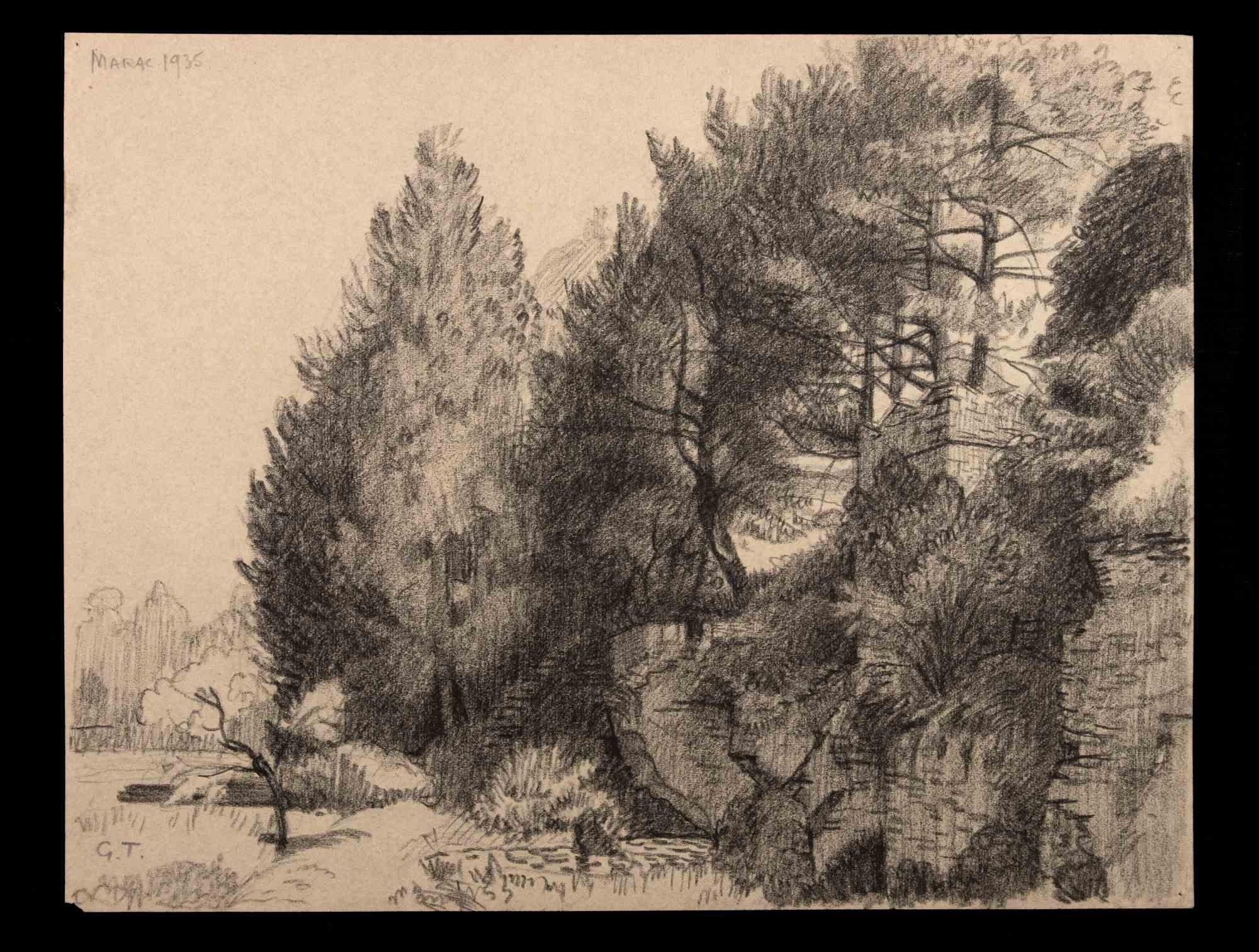 Paysage avec arbres - dessin original de George-Henri Tribout - 1940