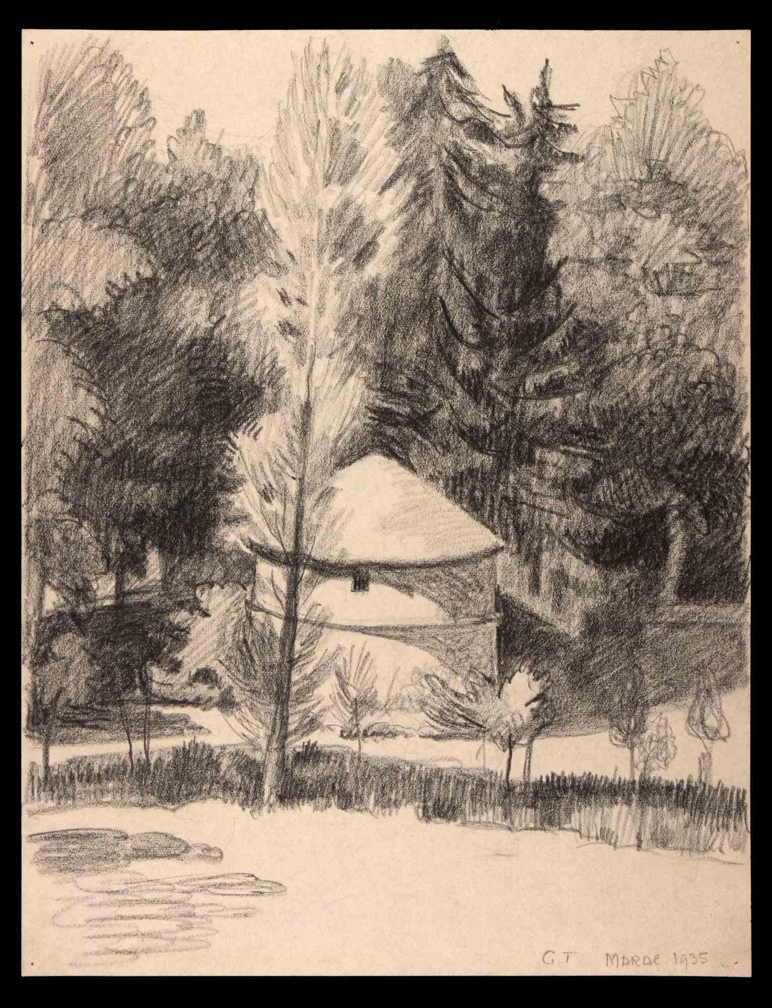 Landschaft mit Bäumen – Originalzeichnung von George-Henri Tribout – 1935
