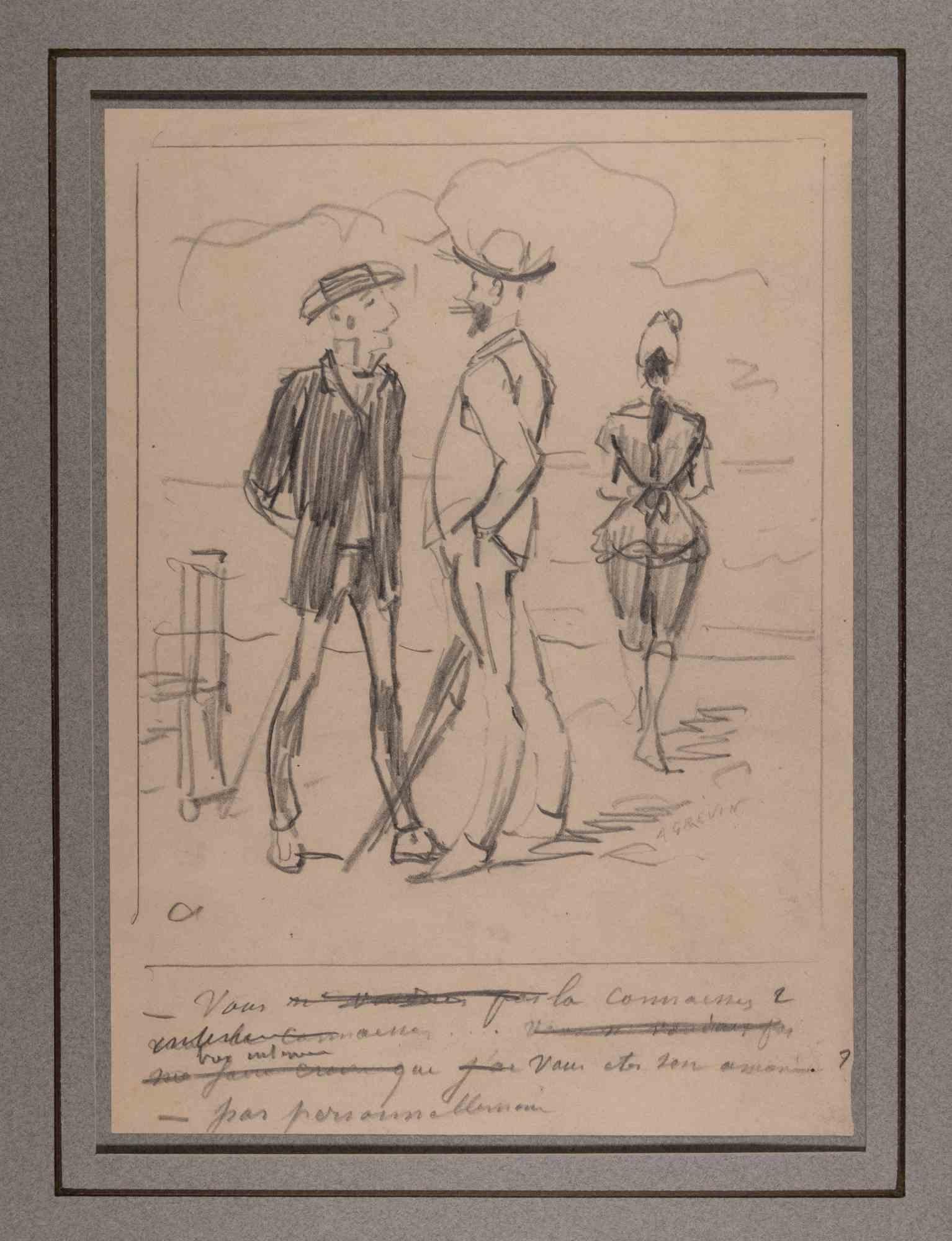 Alfred Grevin Figurative Art - The Swimmers on the Beach- Original Drawing by Alfred Grévin - Late 19th century