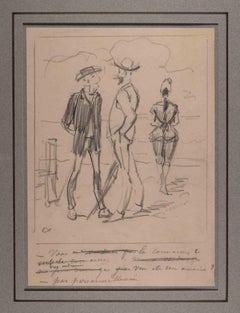 The Swimmers on the Beach- Original Drawing by Alfred Grévin - Late 19th century