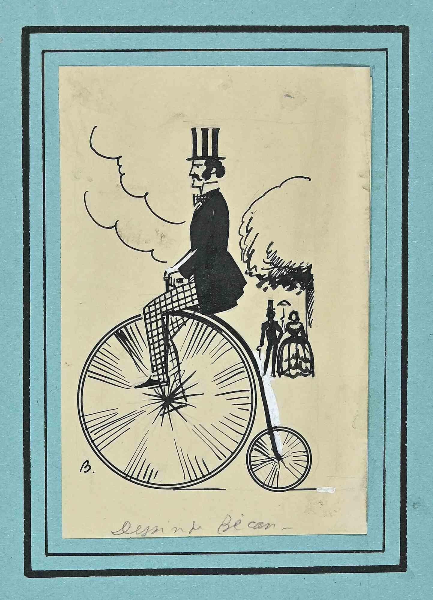 Bicyclette - dessin original de Bernard Bcan - début du XXe siècle