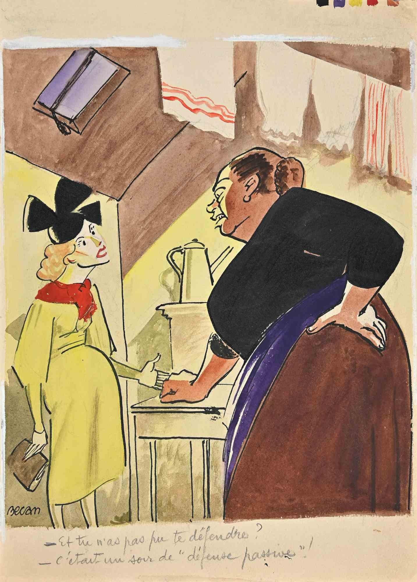 Das Gespräch zweier Frauen ist eine Zeichnung in Mischtechnik (Bleistift-Aquarell-Tempera), die in den 1920er Jahren von Bernard Bécan (1890-1943) angefertigt wurde.

Handsigniert unten links.

In gutem Zustand.

Das Kunstwerk wird durch geschickte
