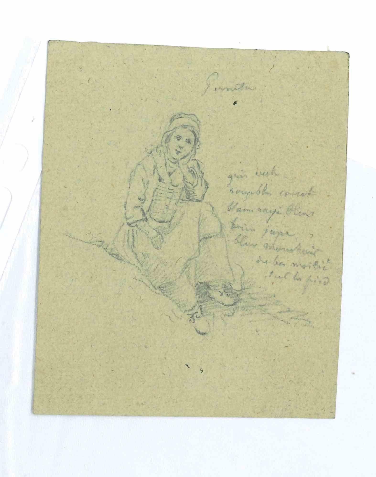 Das Mädchen ist eine Originalzeichnung in Bleistift, die im 19. Jahrhundert von Paul Huet (1803-1869) angefertigt wurde.

Mit einer weiteren Zeichnung auf der Rückseite.

In gutem Zustand. 

Das Kunstwerk wird mit zarten und geschickten Strichen