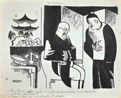 Serving The Chinese Khan - Original Drawing by Bernard Bécan - mid 20th Century
