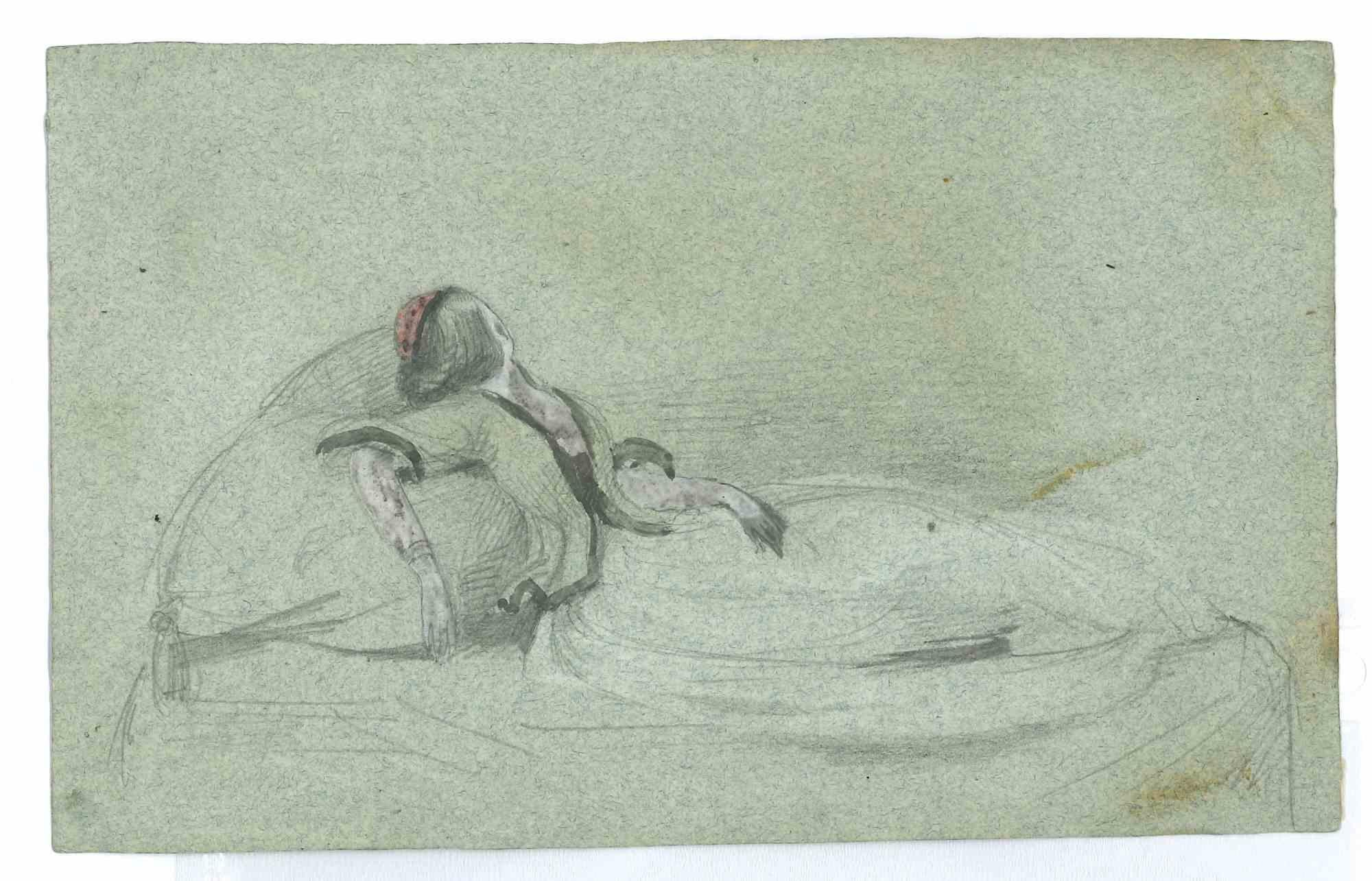 Femme rêvant sur l'eau est un dessin original au crayon et à l'aquarelle sur carton réalisé par Achille Devezie (1802--1857) dans les années 1830.

En bonnes conditions.

L'œuvre d'art est dépeinte à l'aide de traits délicats et fins et est