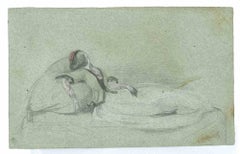 Antique Woman Dreaming On The Water - Original Pencil Drawing by Achille Devezie - 1830s