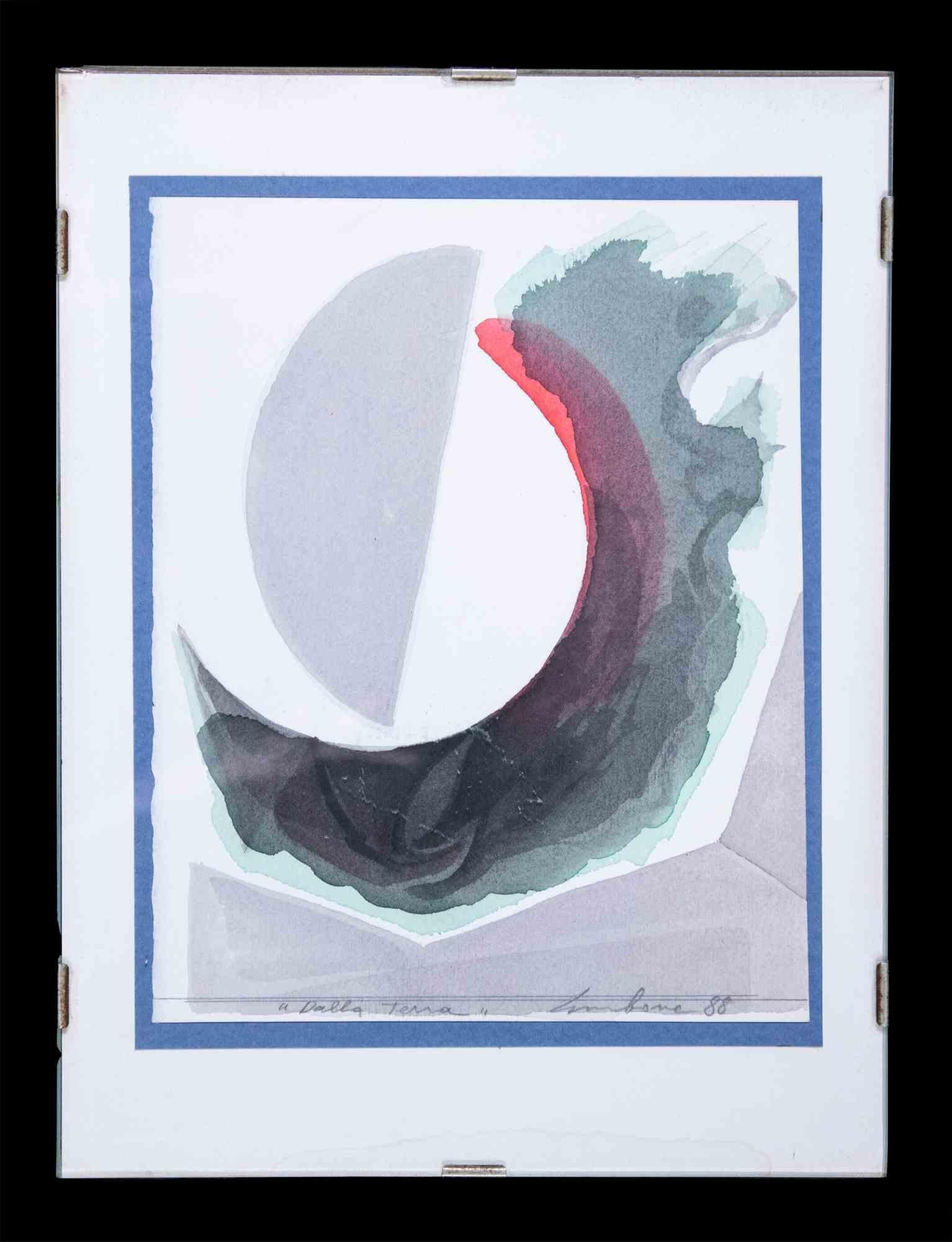 From Earth is an original  contemporary artwork realized in 1988  by Mario Surbone.

Colored watercolor on paper.

Hand signed and dated by the artist on the lower  margin.

Fair conditions (yellowing of paper and some stains).

Includes frame: 24.5