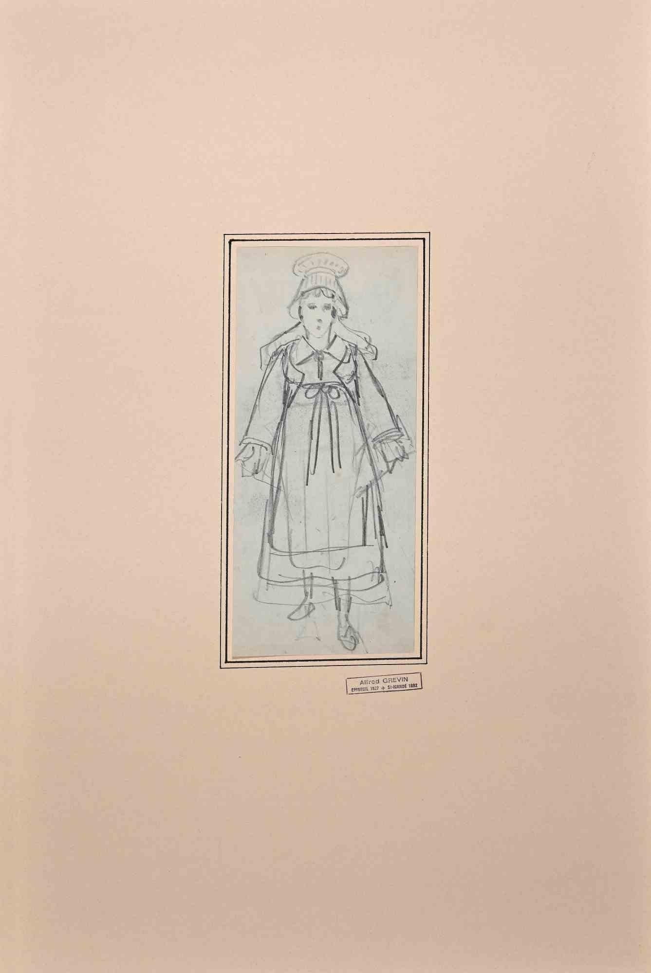 Portrait d'enfant  - dessin original au crayon par A. Grevin - fin du XIXe siècle - Art de Alfred Grevin