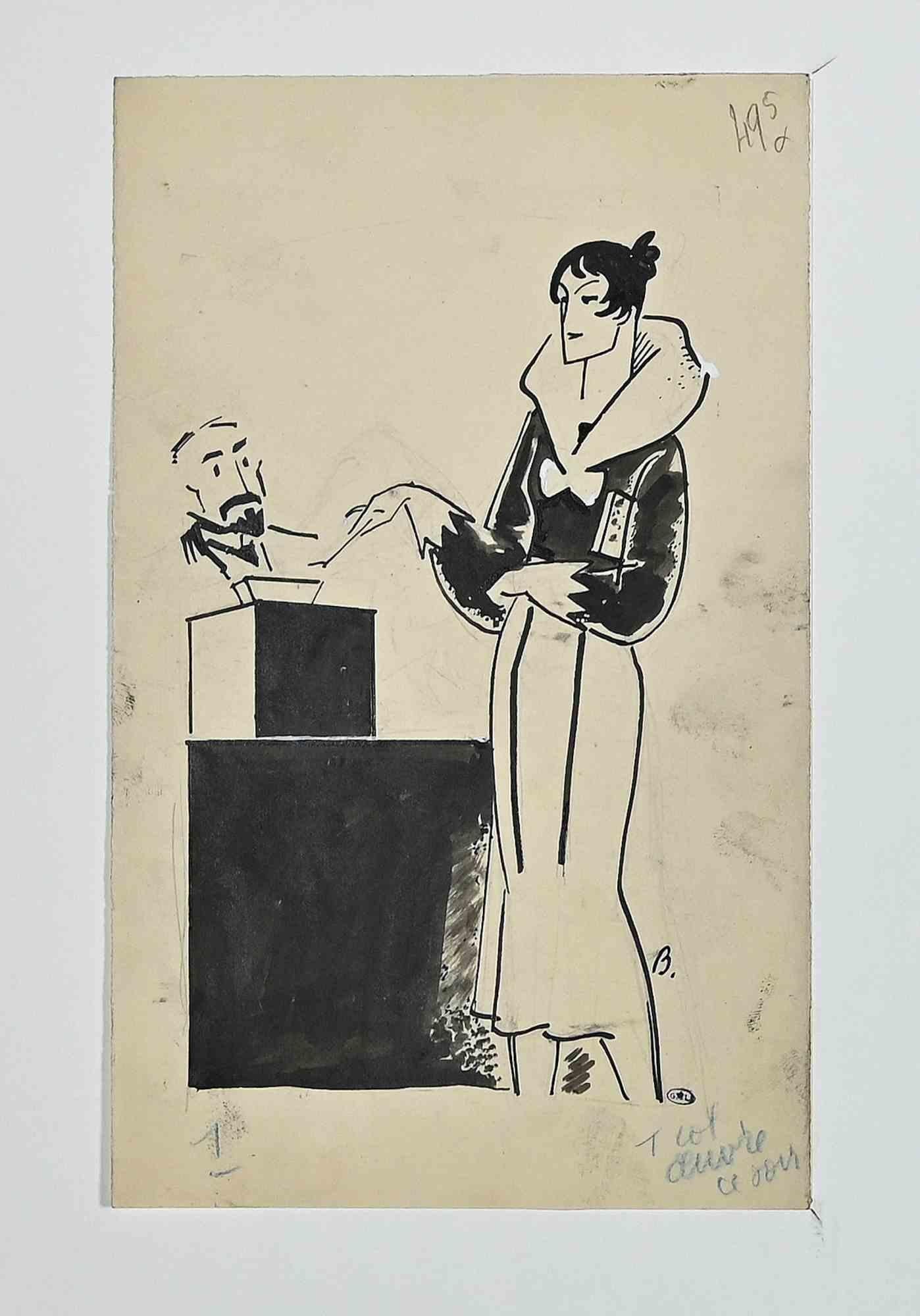 Election Day ist eine Originalzeichnung von Bernard Bécan (1890-1943) aus dem frühen 20. Jahrhundert in China-Tinte, aufgetragen auf einem weißen Passepartout.

Monogrammiert unten rechts.

In gutem Zustand.

Das Kunstwerk wird mit geschickten und
