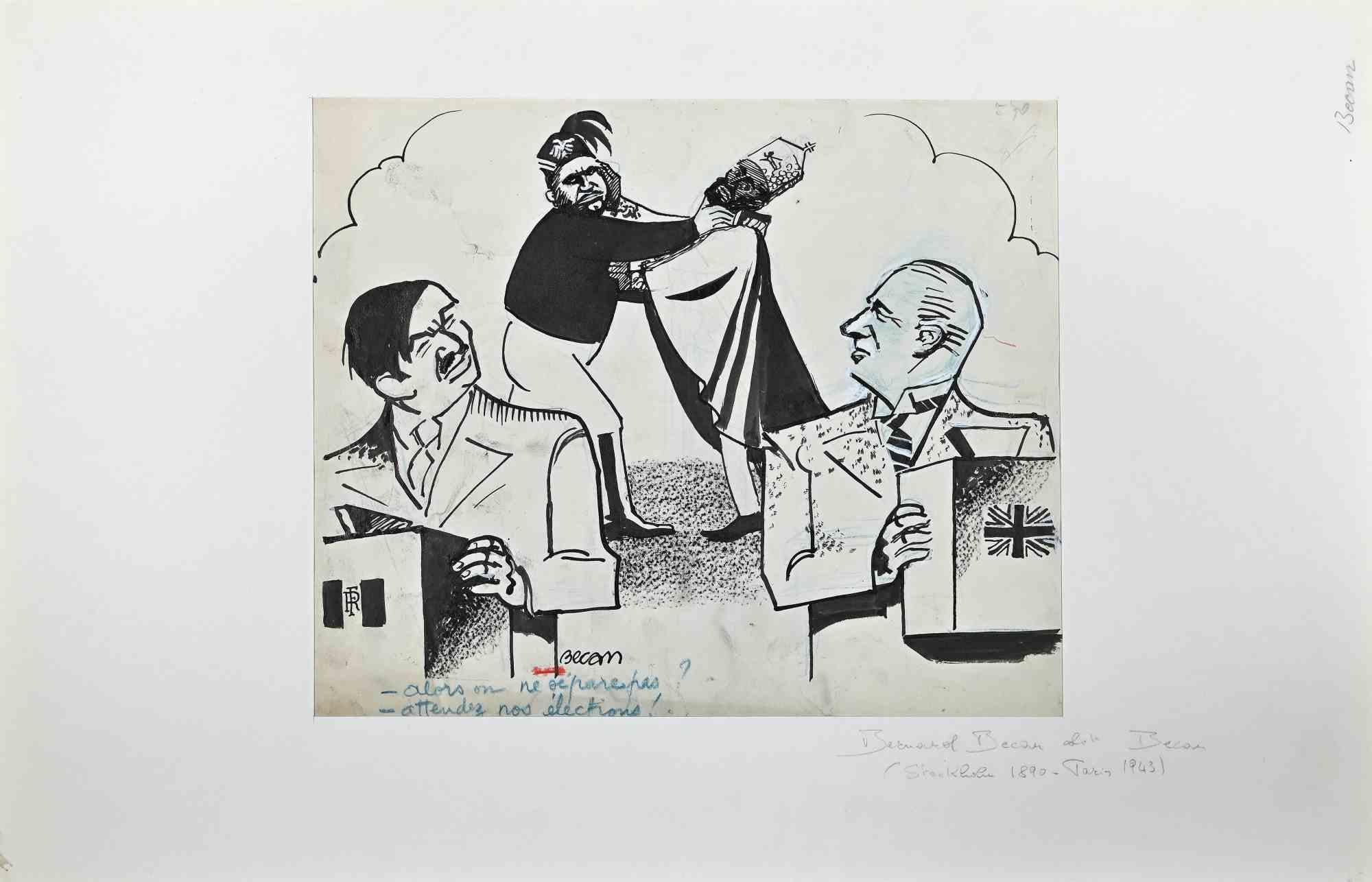 France and Great Britain - Original China Ink by B. Bécan - Mid 20th Century - Art by Bernard Bécan
