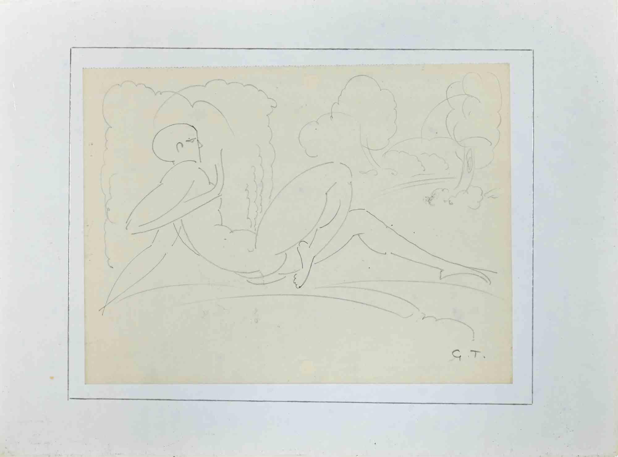 Rechteckiger Akt – Original-Bleistiftzeichnung von George-Henri Tribout – 1950er Jahre