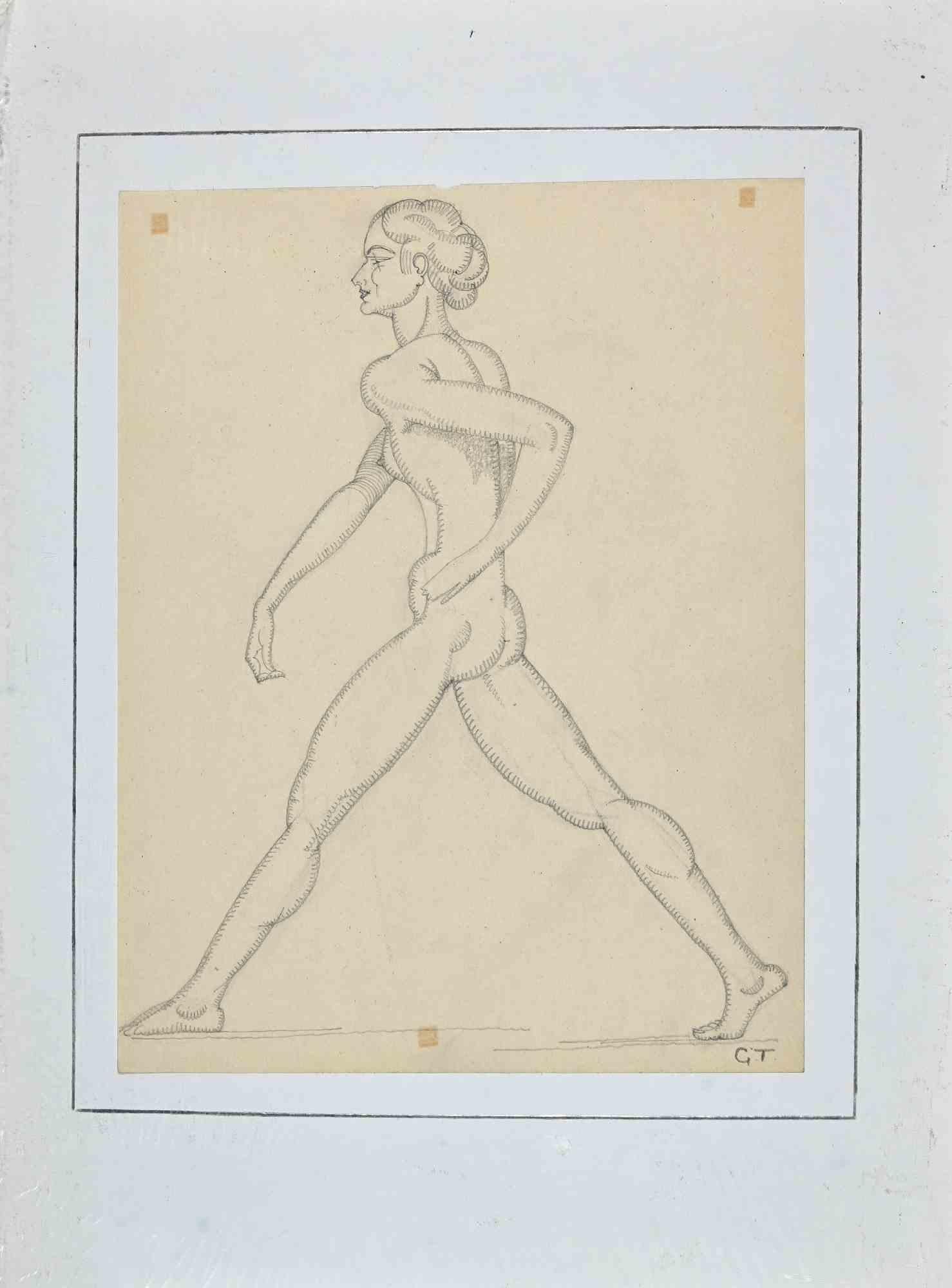 Stehend  Nackt  - Original-Bleistiftzeichnung von George-Henri Tribout - 1950er Jahre