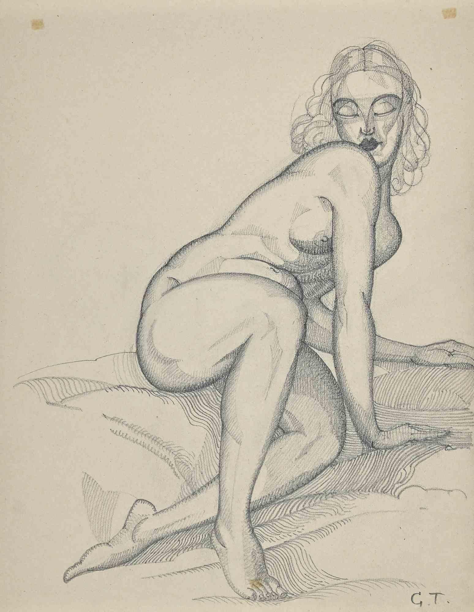 Georges-Henri Tribout Nude – Zurückgelegter Akt  - Original-Bleistiftzeichnung von George-Henri Tribout - 1950er Jahre