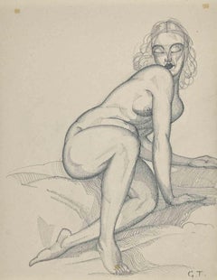 Retro Reclined Nude  - Original Pencil Drawing by George-Henri Tribout - 1950s