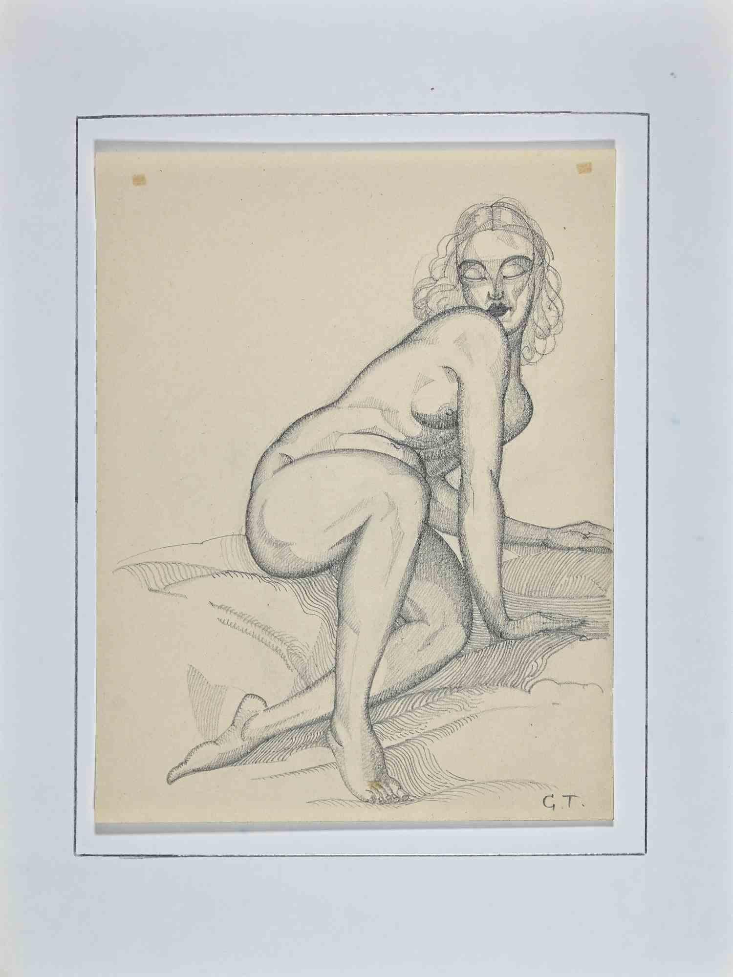 Zurückgelegter Akt  - Original-Bleistiftzeichnung von George-Henri Tribout - 1950er Jahre – Art von Georges-Henri Tribout