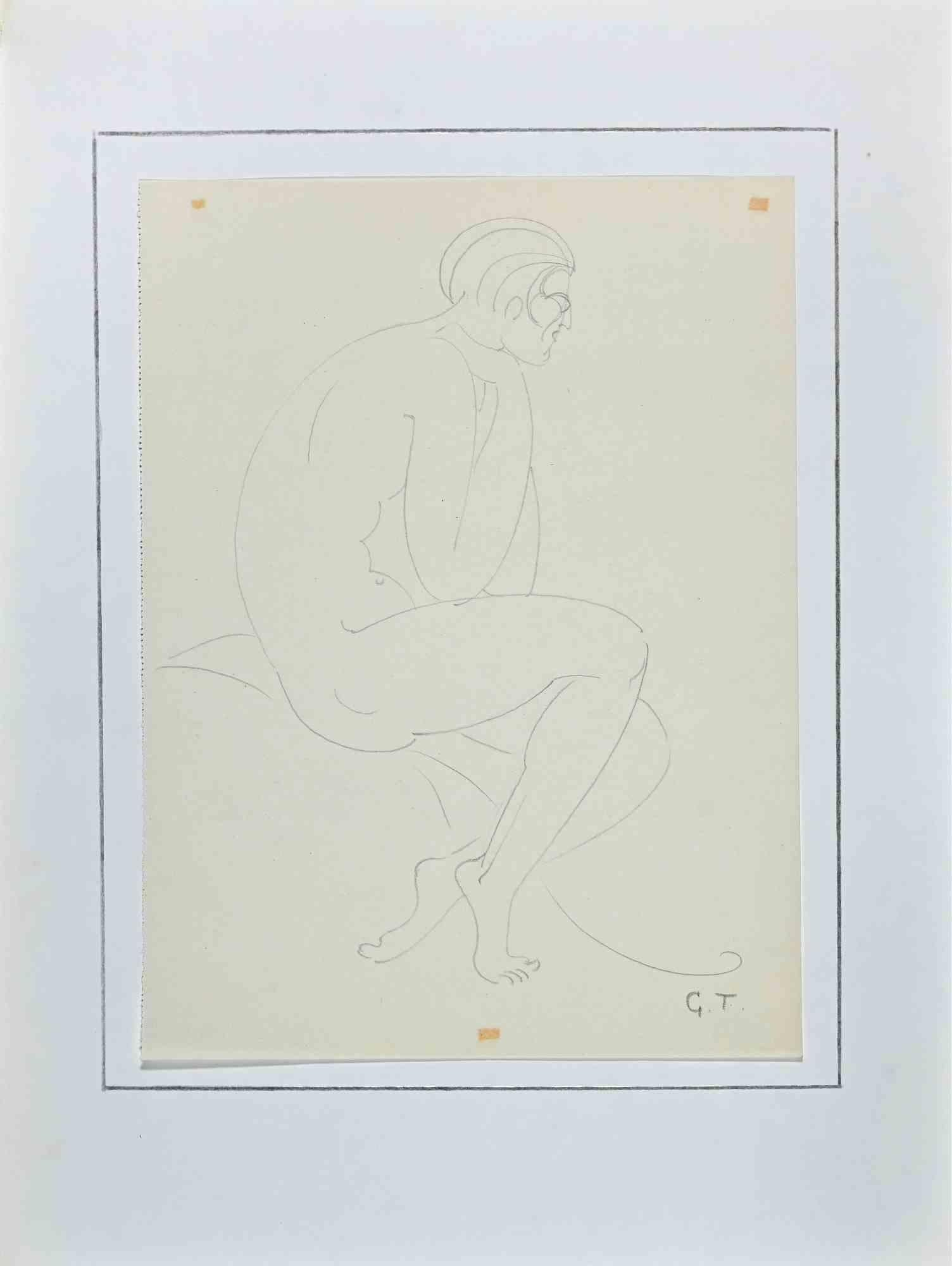 Nude Man - Original-Bleistiftzeichnung von George-Henri Tribout - 1950er Jahre