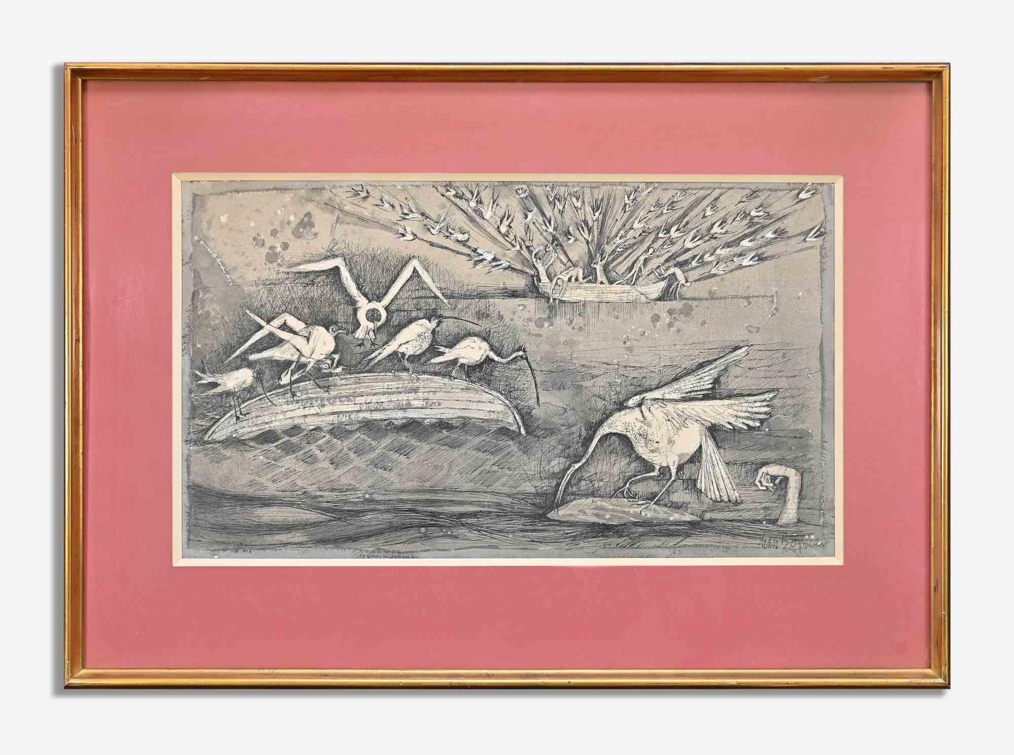 The hunt is an original moder artwork realized by Lars Bo in 1962.

Watercolored china on paper.

Hand signed and dated on the lower right margin.

Hand wrtitten notes on the back

Includes frame: 48.5 x 1 x 68 cm

Lars Bo (29 May 1924 in Kolding –