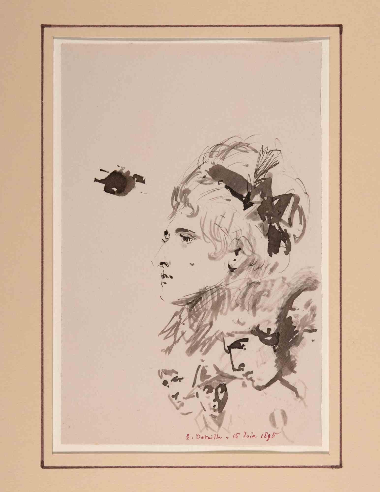 Head of Woma and Three Sketches of Portraits- Drawing by E. Detaille - 1895