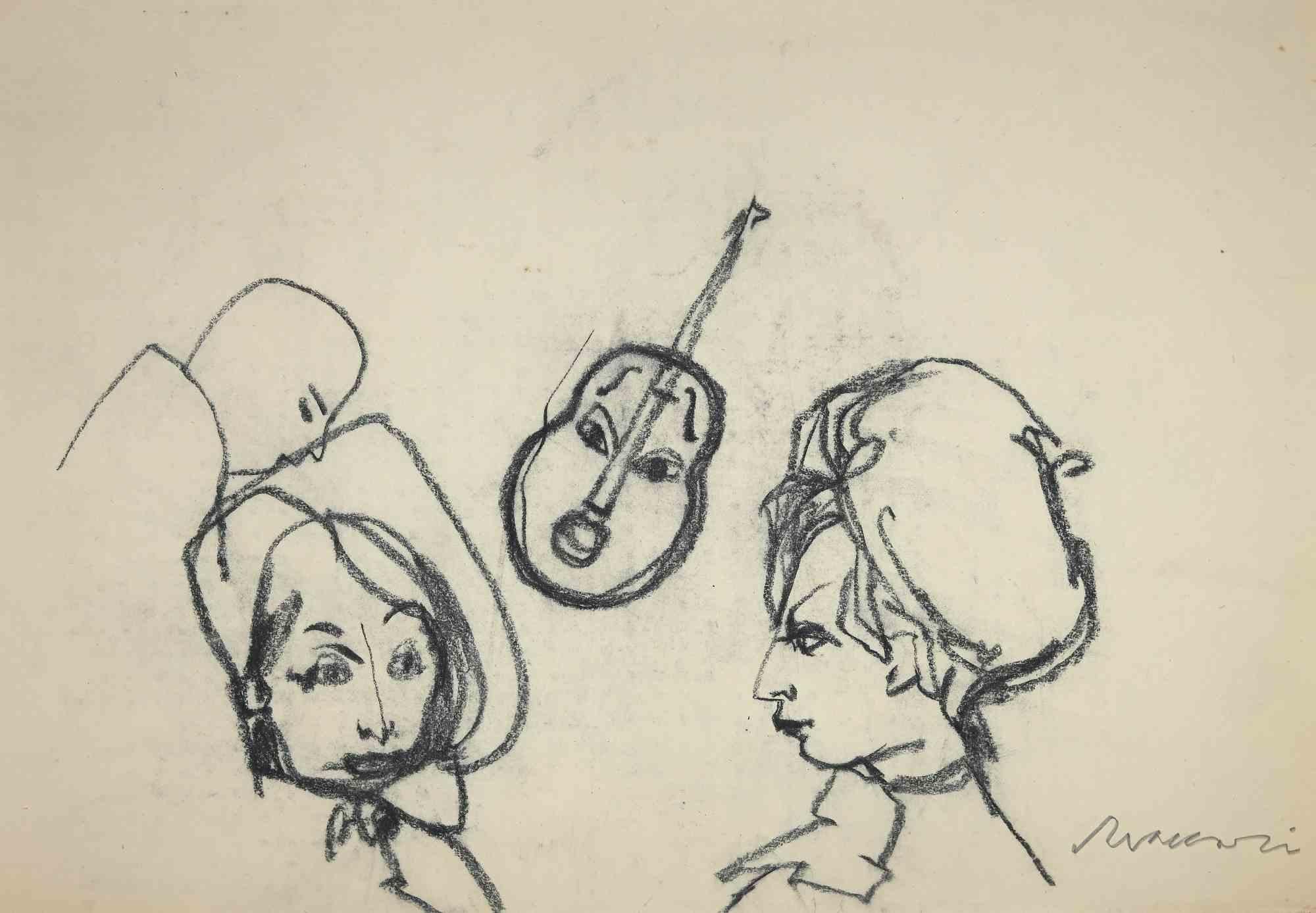 The Faces - Drawing by Mino Maccari - Mid-20th Century