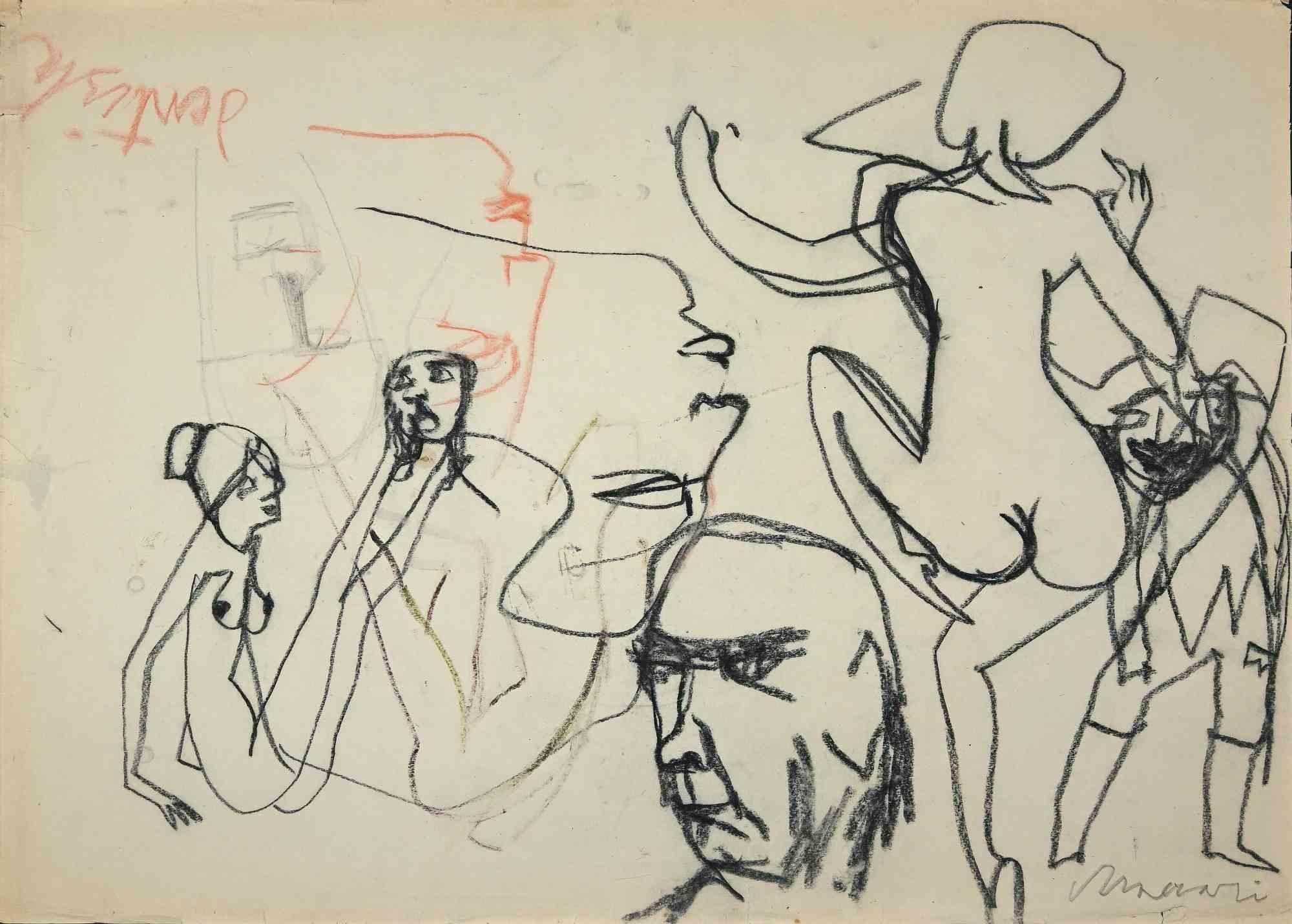 The Nudes is a Drawing in carbon on creamy-colored paper realized by Mino Maccari in the mid-20th century.

Hand-signed by the artist on the lower.

Good conditions with some foxing and cutting on the margins.

Mino Maccari (1898-1989) was an