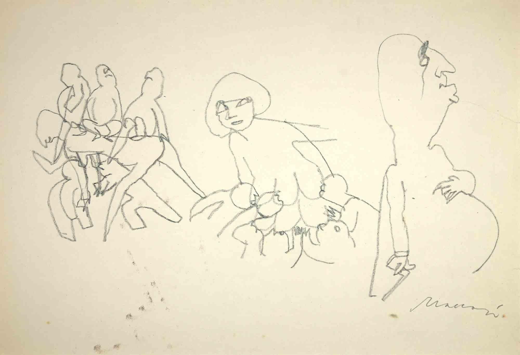 Die Mutterschaft ist eine Originalzeichnung in Bleistiftkohle auf cremefarbenem Papier von Mino Maccari aus der Mitte des 20. Jahrhunderts. 

Handsigniert vom Künstler auf der Unterseite.

Guter Zustand mit einigen Stockflecken und Beschnitt an den