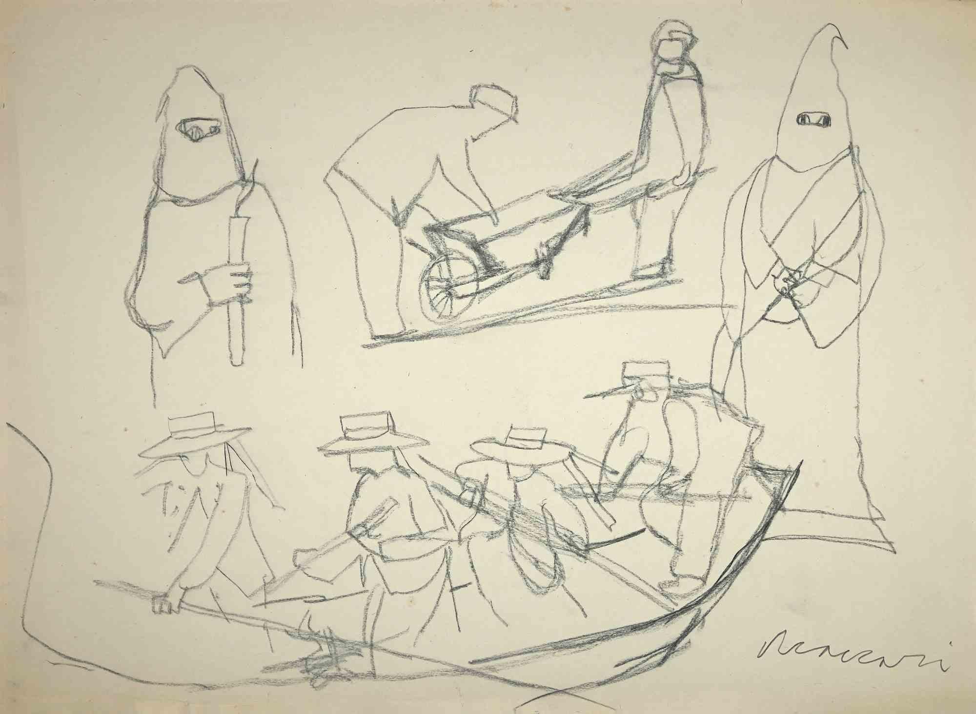 Die Flucht ist eine Originalzeichnung auf cremefarbenem Papier von Mino Maccari aus der Mitte des 20. Jahrhunderts.

Handsigniert vom Künstler auf der Unterseite.

Guter Zustand mit einigen kleinen Schnitten und Falten an den Rändern.

Mino Maccari