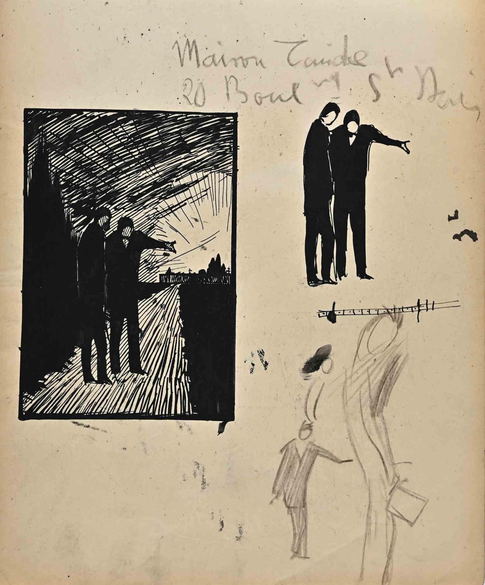 Men - Drawing by Norbert Meyre - Mid-20th Century