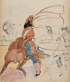 Vintage The Bullfighter - Original Drawing by Norbert Meyre - Mid-20th Century