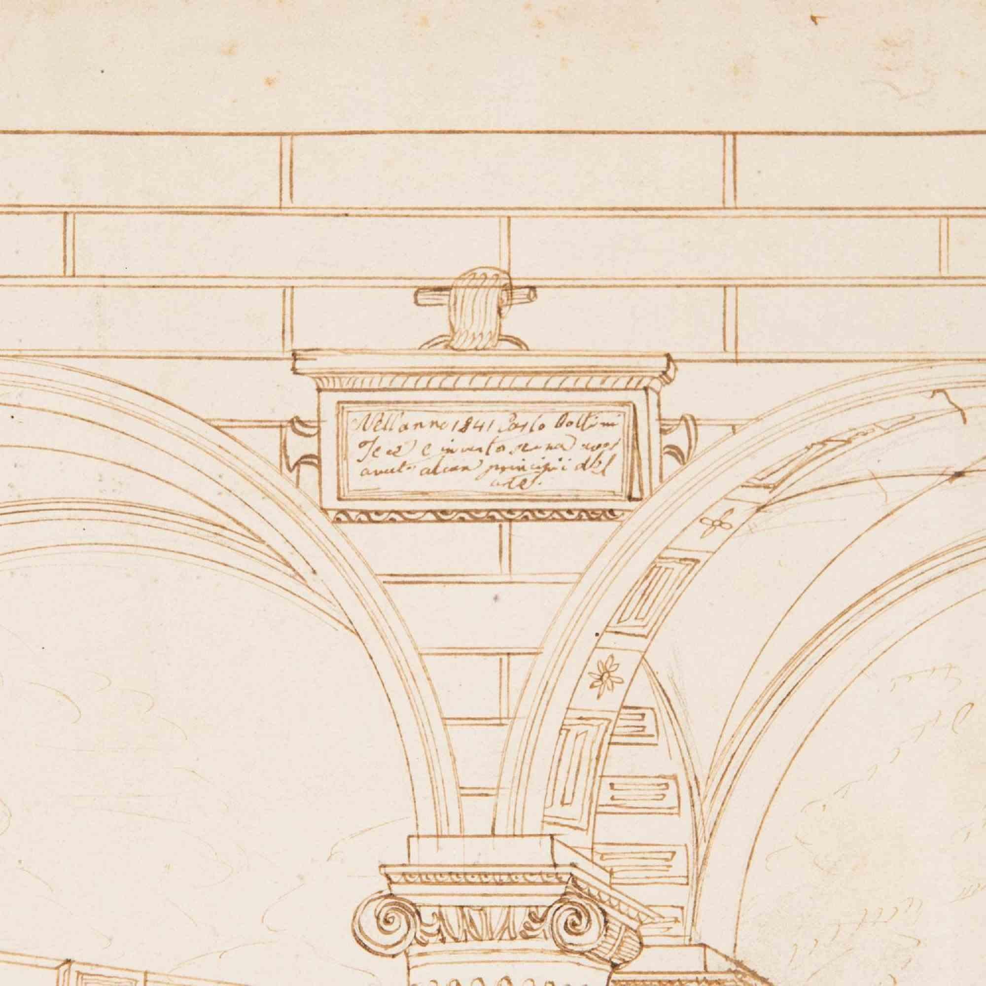 Architectural study - Brown ink on paper by Carlo Bottini - 1841 1