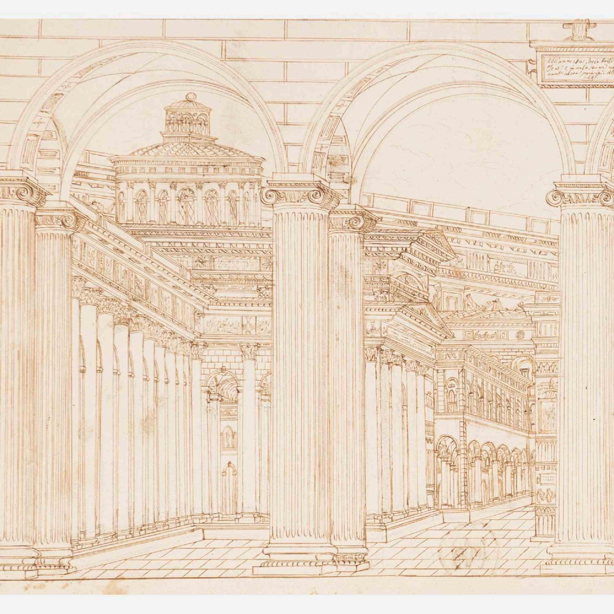 Architectural study is an original modern artwork realized in 1841 by Carlo Bottini.

Brown ink on paper.

The artwork is hand signed and dated 1841. 

Good conditions except for some foxings.