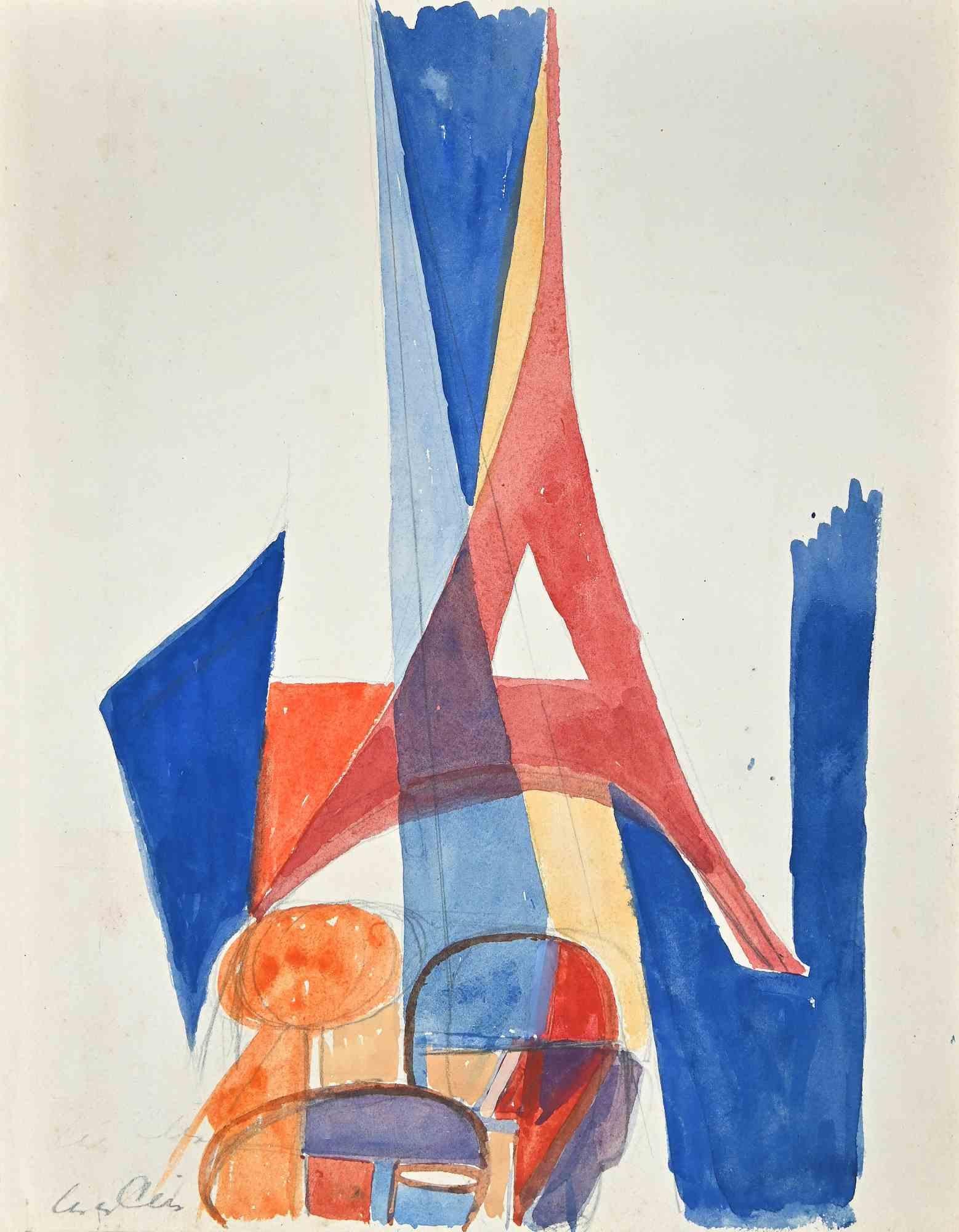 Der Eiffelturm – Zeichnung in Aquarell von Yves Alix – frühes 20. Jahrhundert