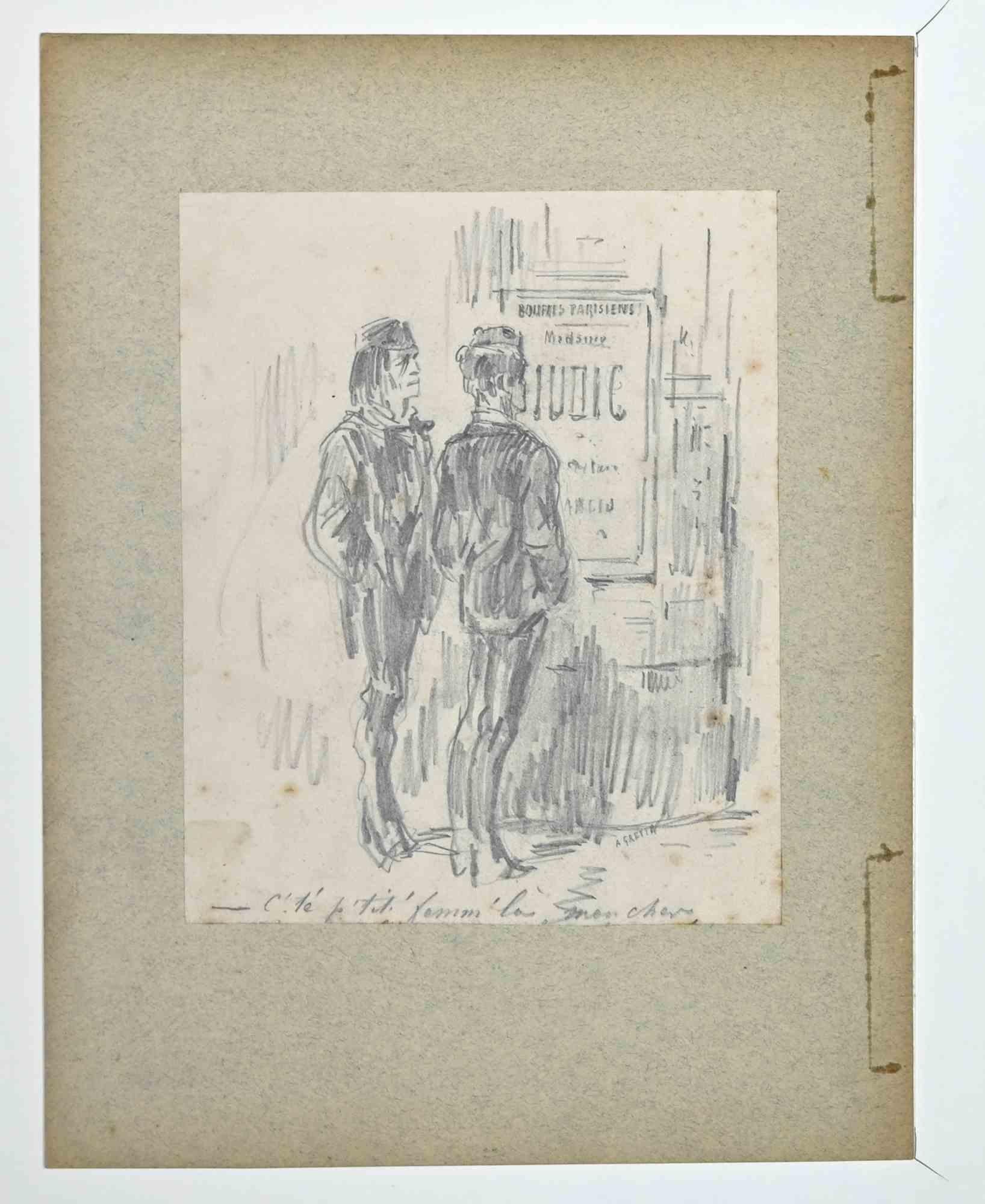Men In The Outdoor - Original Drawing by Alfred Grevin - Late 19th Century