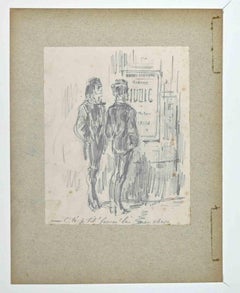 Hommes en plein air - Dessin original d'Alfred Grevin - Fin du 19e siècle