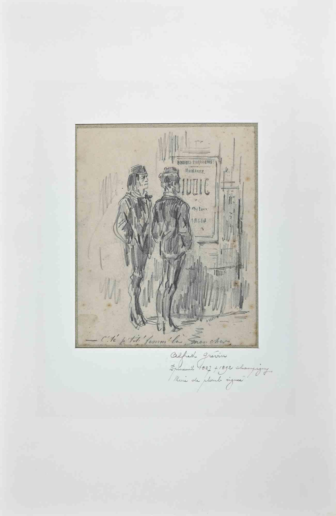 Men In The Outdoor - Original Drawing by Alfred Grevin - Late 19th Century For Sale 1
