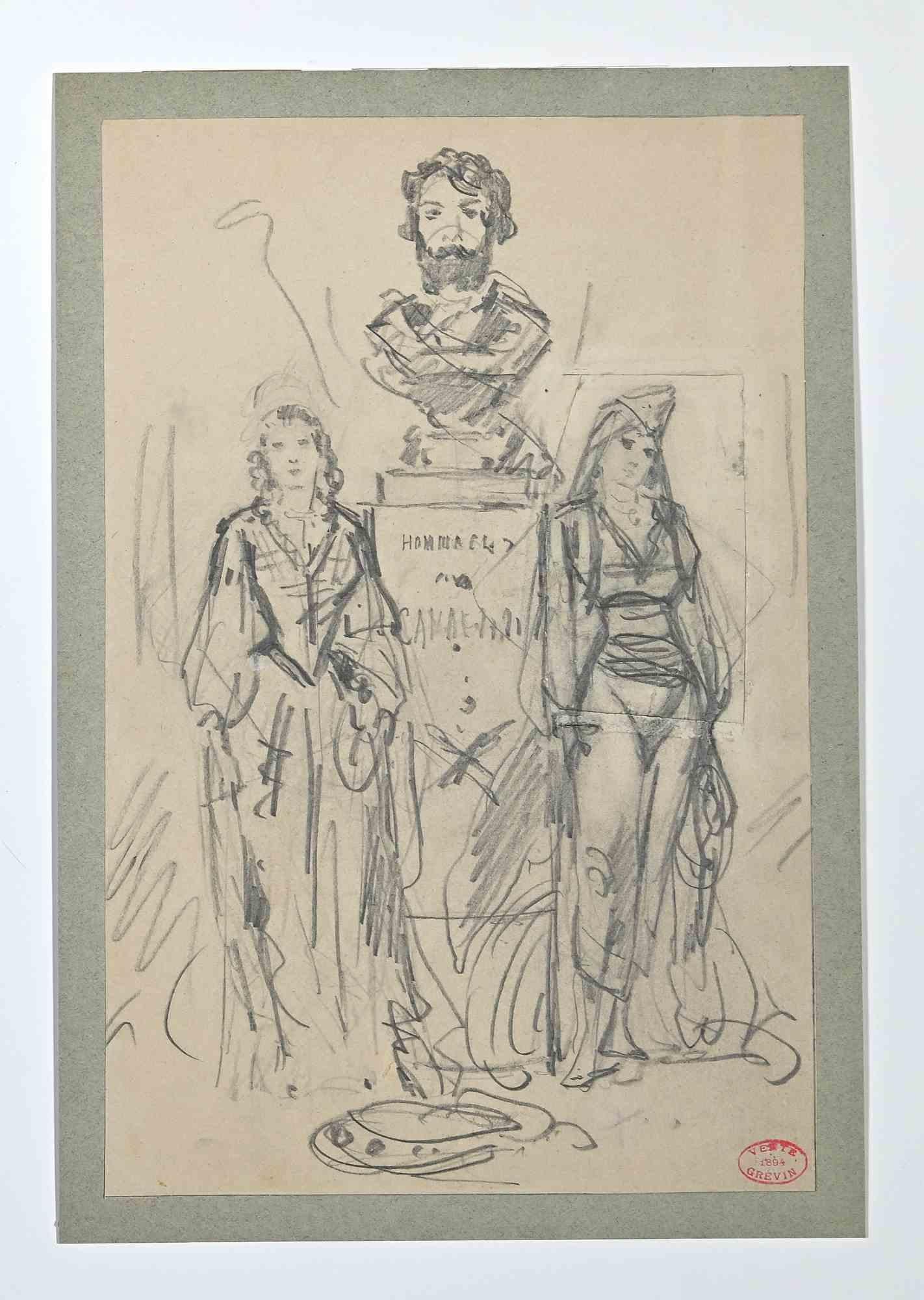 The Statue and Women - Original Drawing by Alfred Grevin - Late 19th Century