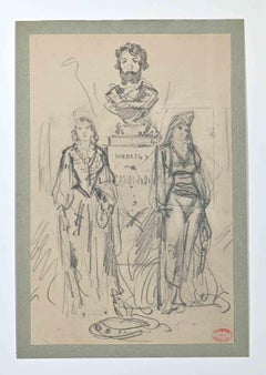 Antique The Statue and Women - Original Drawing by Alfred Grevin - Late 19th Century