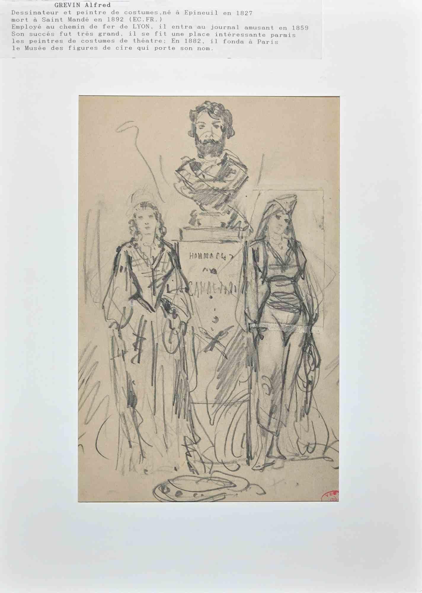 Die Statue und die Frauen - Originalzeichnung von Alfred Grevin - Spätes 19. Jahrhundert im Angebot 1