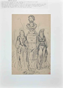 La statua e le donne - Disegno originale di Alfred Grevin - Fine del XIX secolo