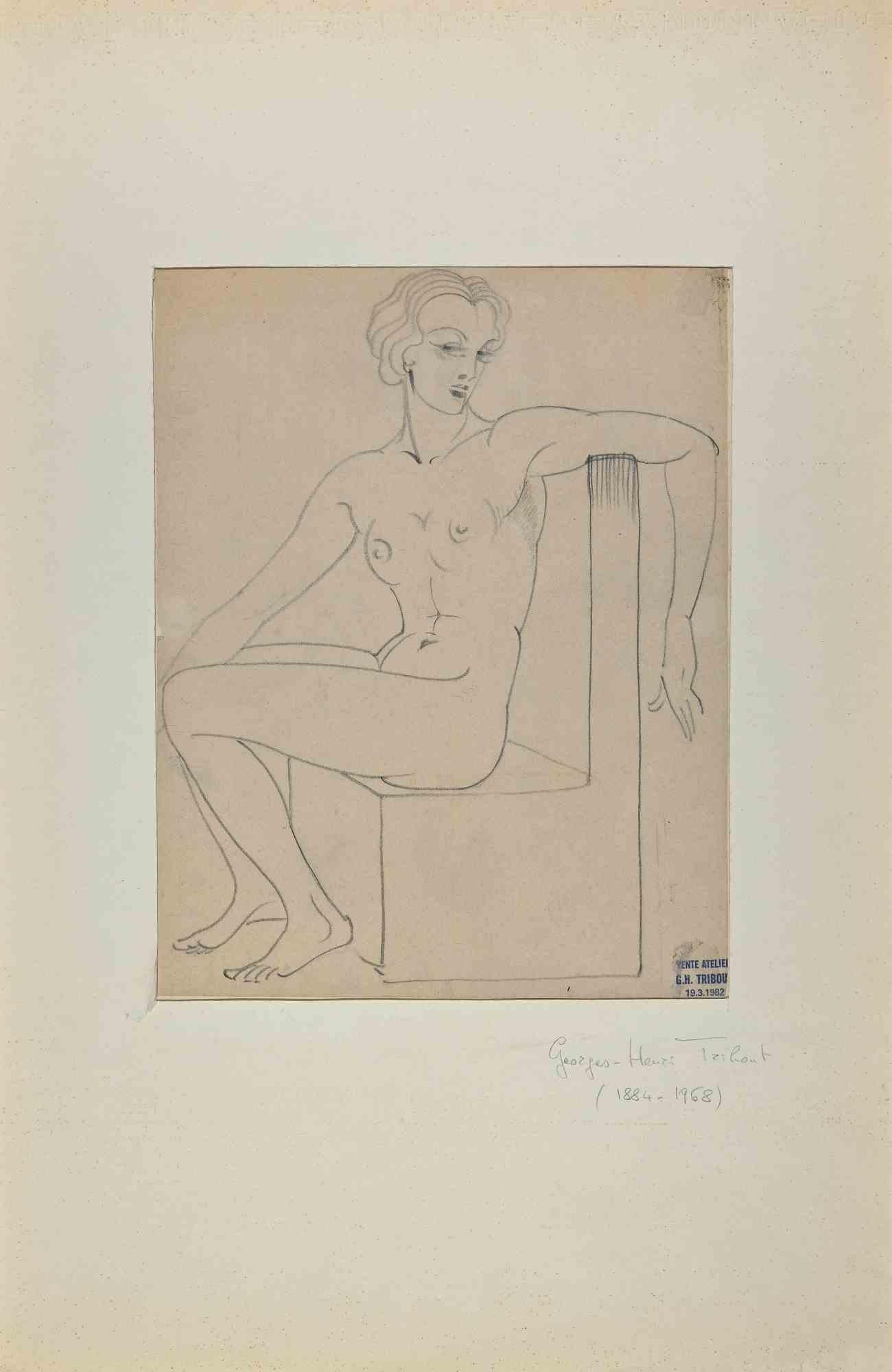 Posing Nude - Originalzeichnung mit Bleistift von George-Henri Tribout - 1930er Jahre – Art von Georges-Henri Tribout