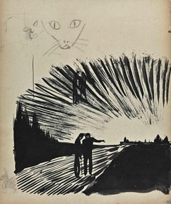 The Sunrise On The Bridge - Original Drawing by Norbert Meyre - Mid-20th Century