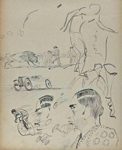 Sportsmen  - Original Drawing by Norbert Meyre - Mid-20th Century