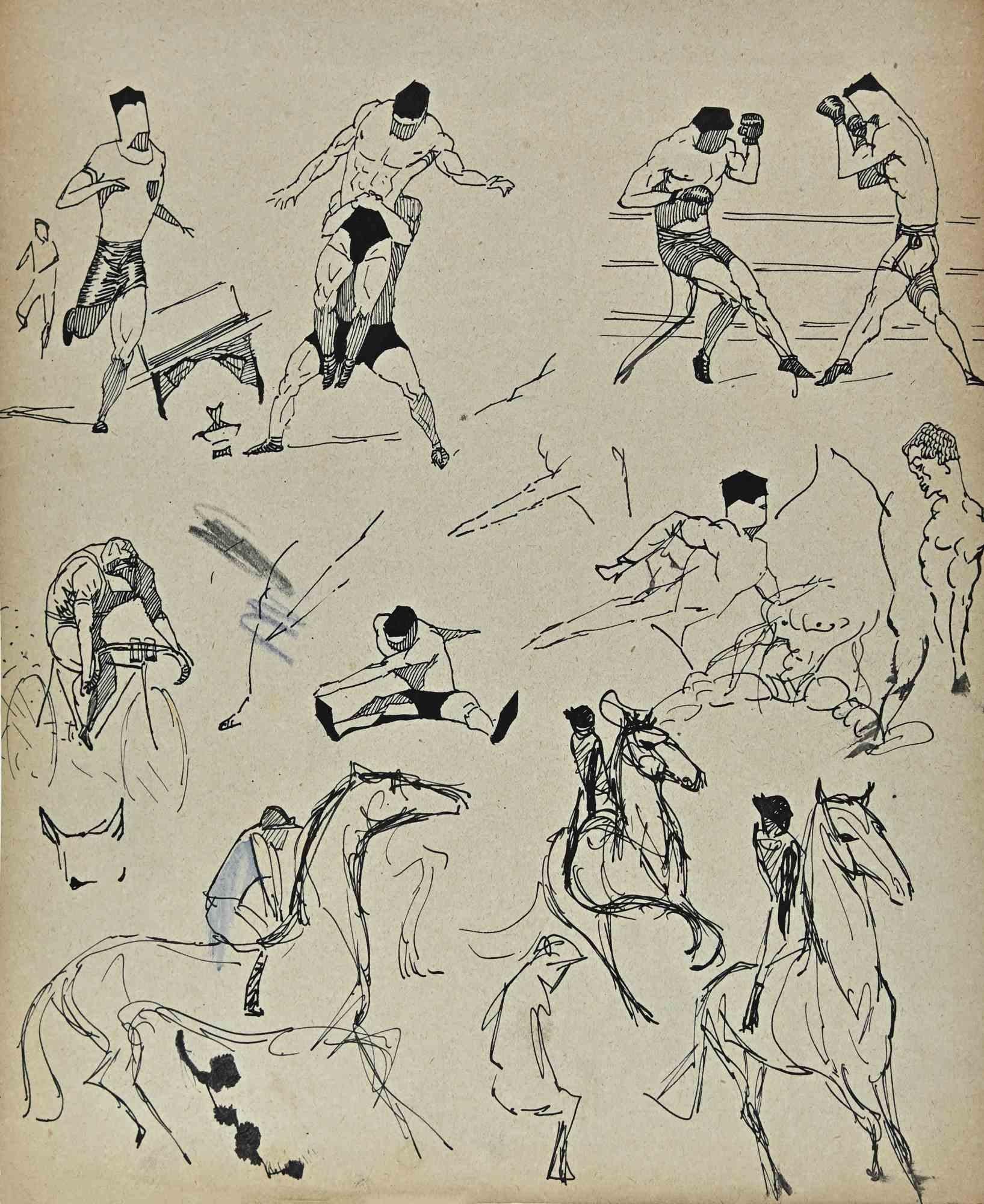 Sportsmen is an original Drawing on paper realized by French painter Norbert Meyre in the mid-20 century.

Drawing in pen.

Good conditions.

The artwork is represented through deft and quick strokes by mastery.

Norbert Meyre is a French