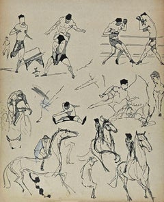Sportsmen - Original Drawing by Norbert Meyre - Mid-20th Century