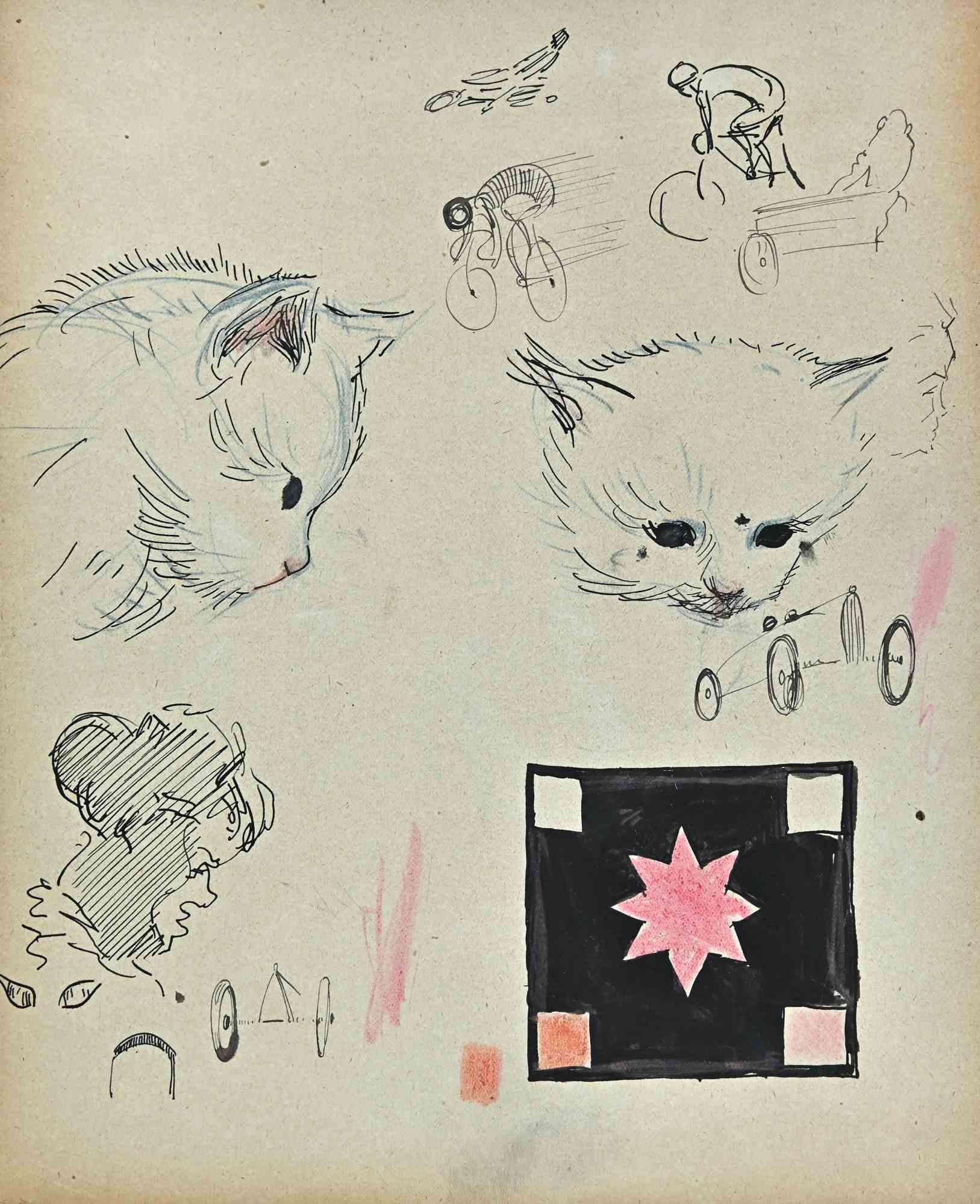 Cats and Riders - Original Drawing by Norbert Meyre - Mid-20th Century