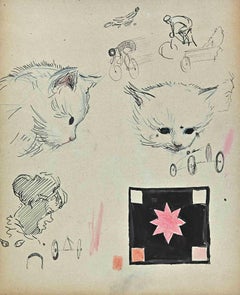 Gatos y jinetes - Dibujo original de Norbert Meyre - Mediados del siglo XX