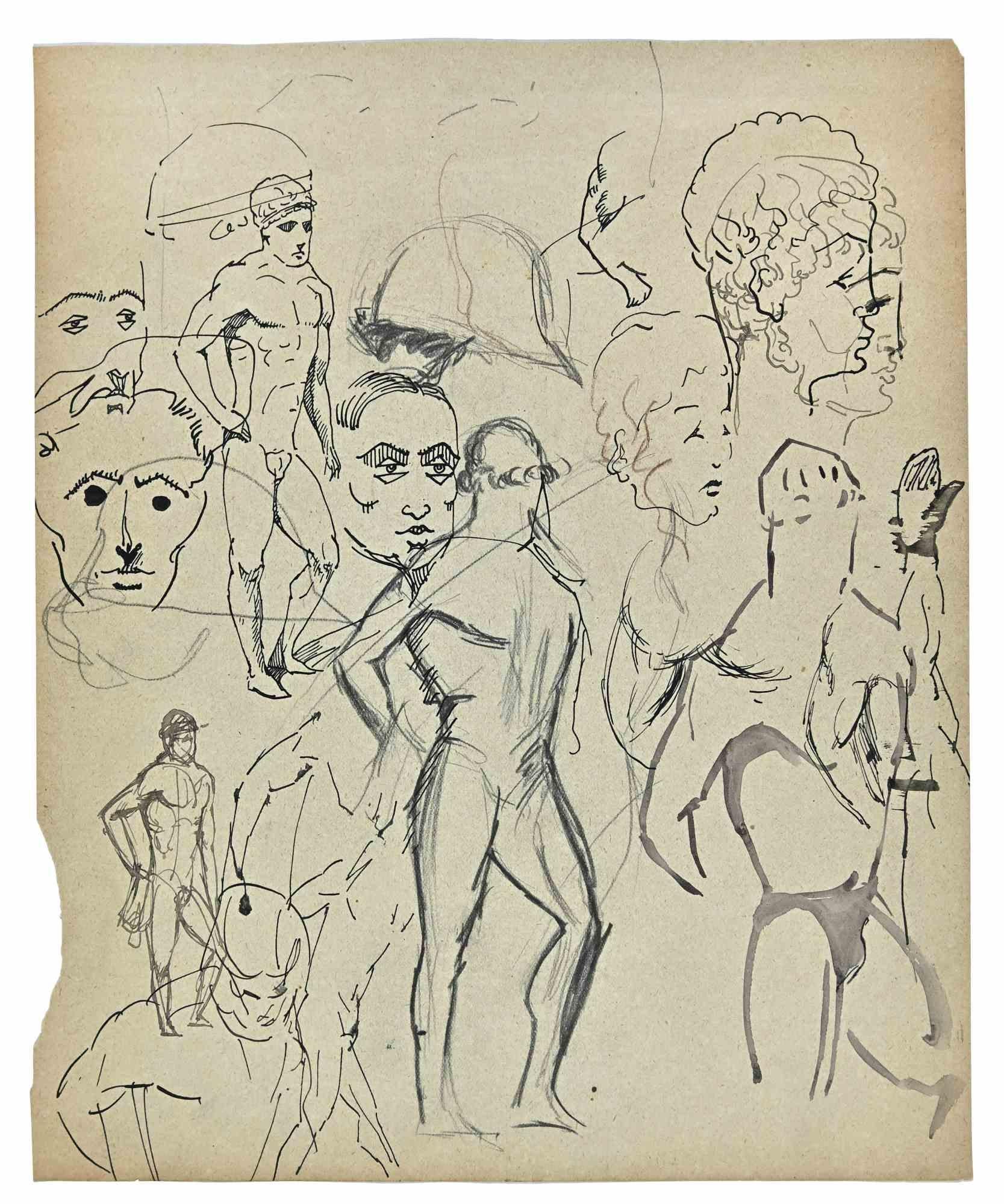 The Sketches of Figures - Original Drawing by Norbert Meyre - Mid-20th Century