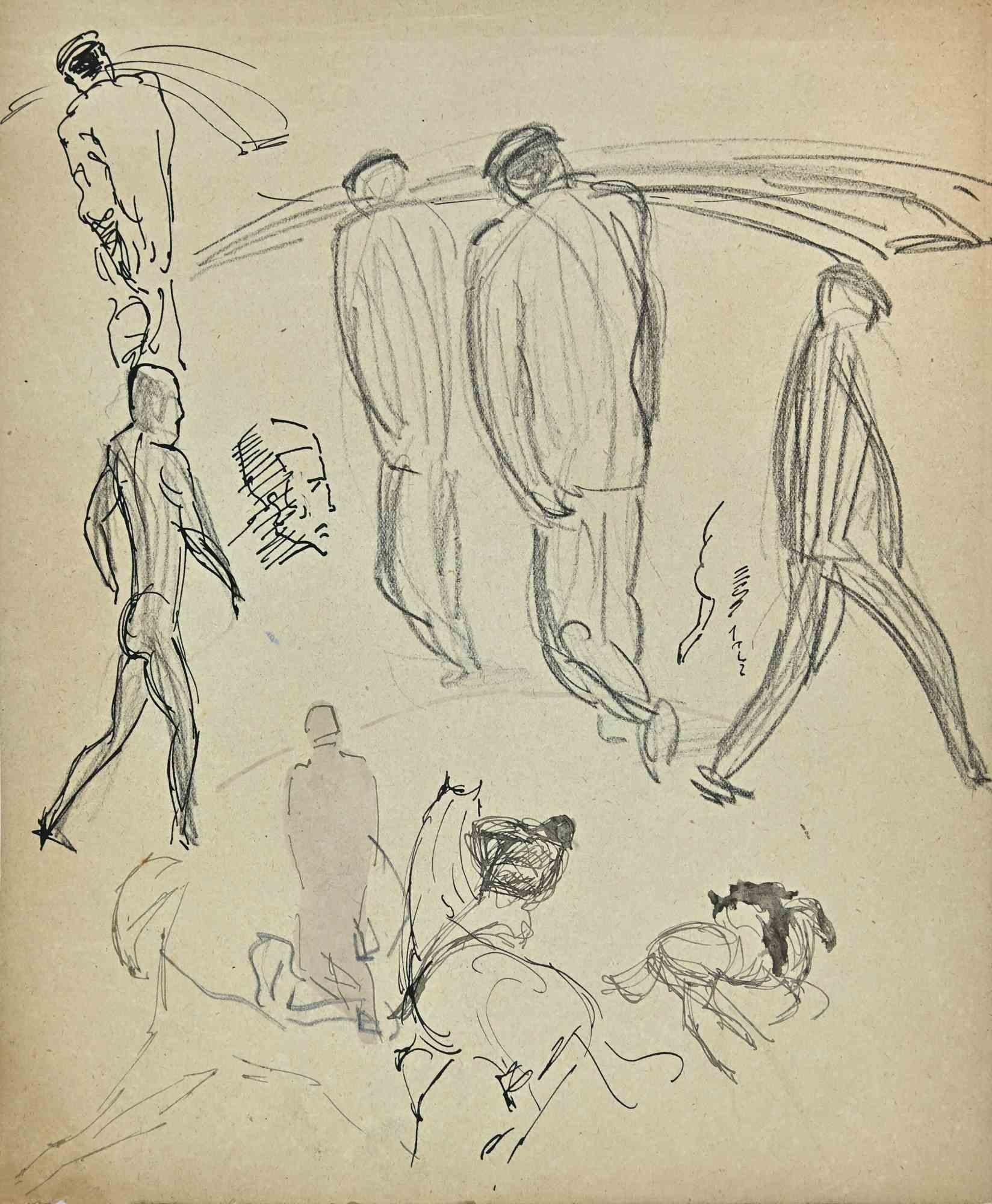 The Sketches of Figures - Original Drawing by Norbert Meyre - Mid-20th Century