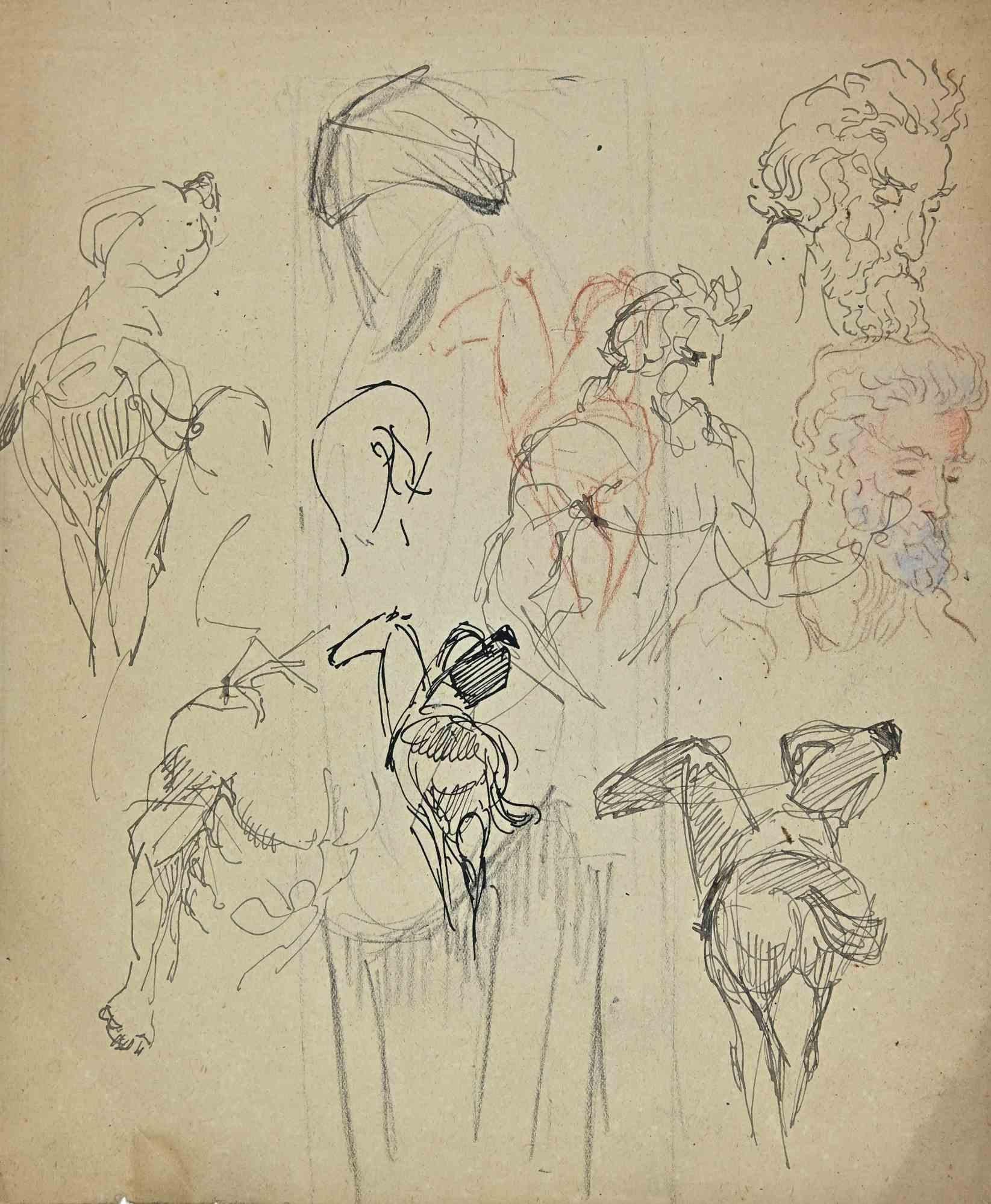 The Sketches of Figures - Original Drawing by Norbert Meyre - Mid-20th Century