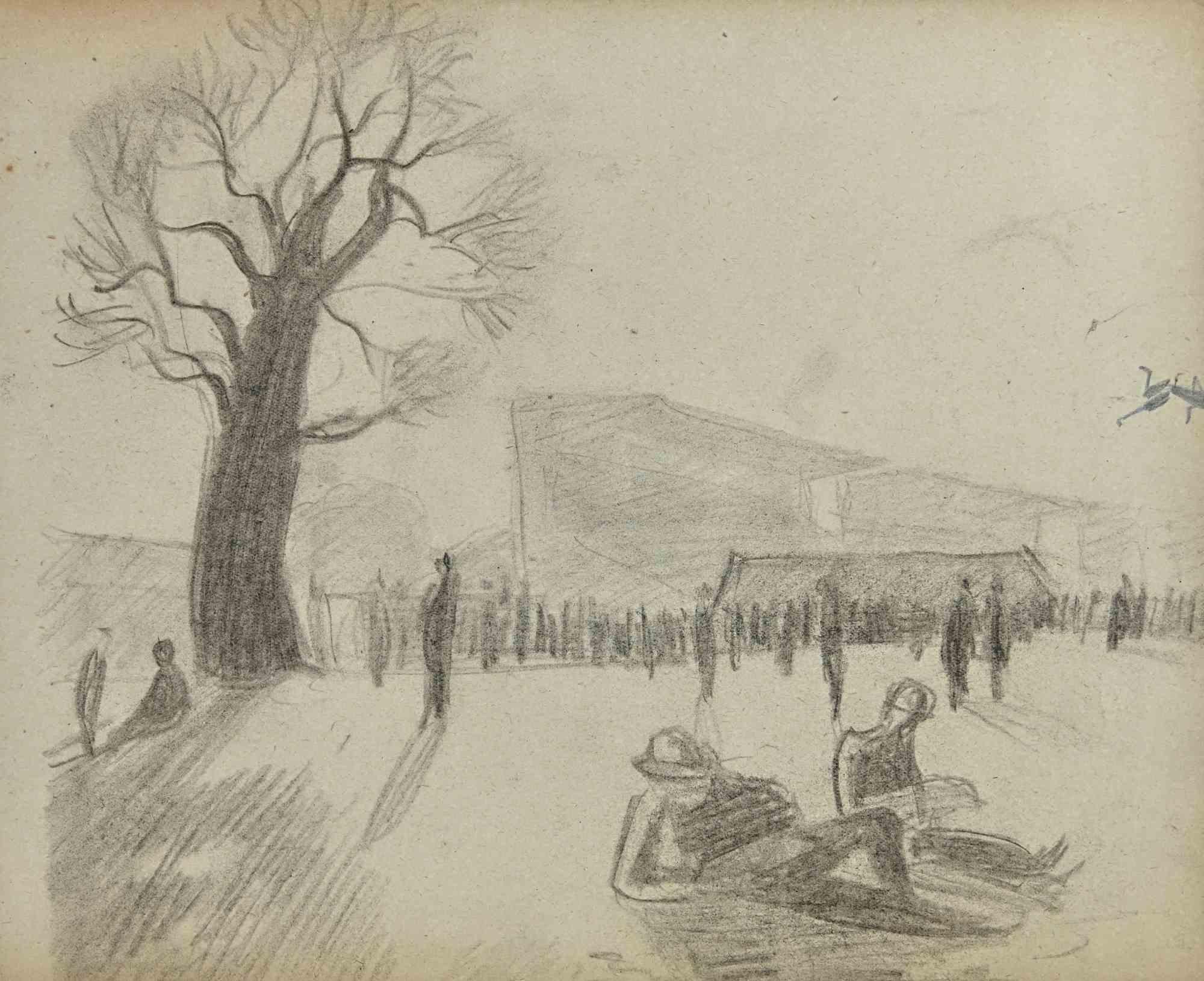 The Park - Original Drawing by Norbert Meyre - Mid-20th Century