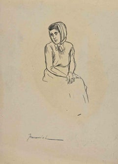 The Young Girl - Pencil Drawing By Pierre Georges Jeanniot-Early 20th Century
